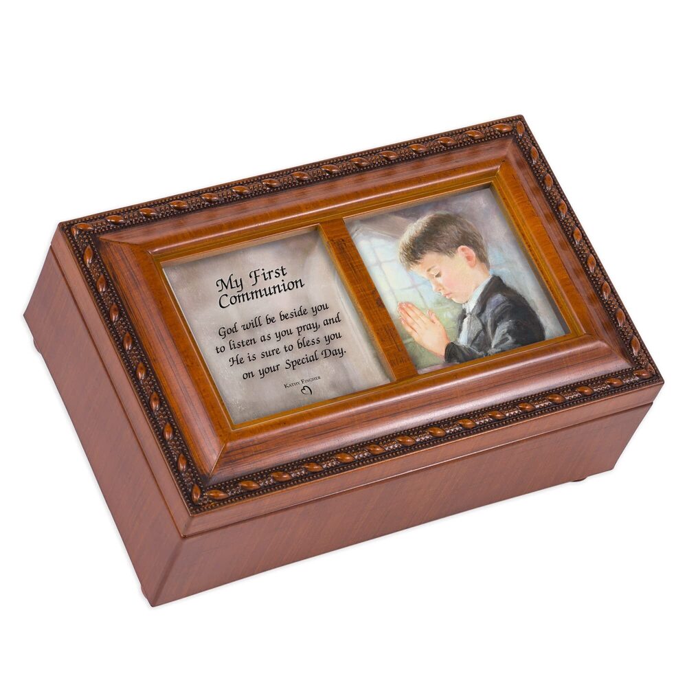 7683 First Communion God Beside You Woodgrain Rope Trim Petite Music Box